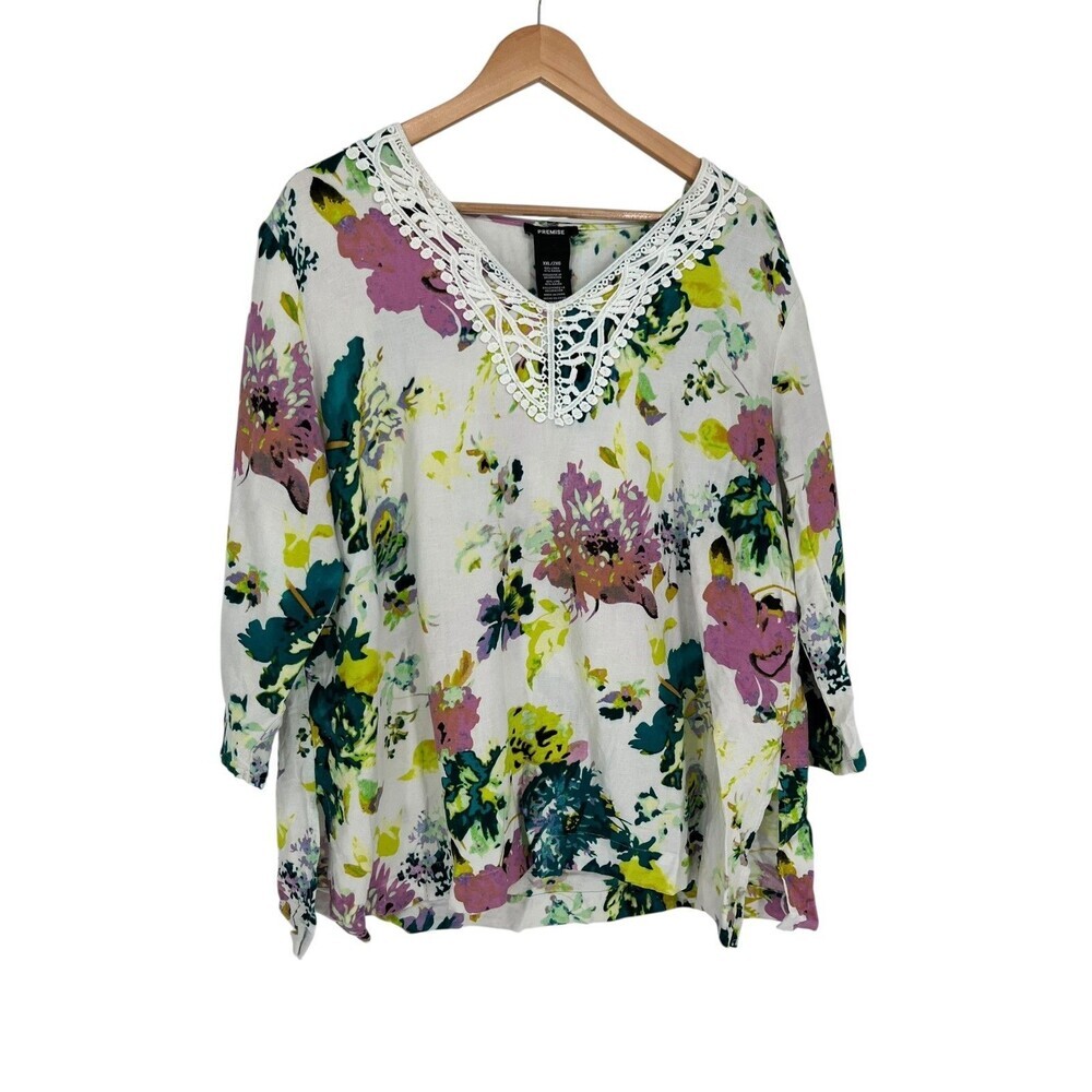 PREMISE Top Women's Size XXL Linen Blend Floral V-Neck Crochet Boho Lagenlook